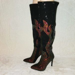 Fire Black & Gold Rhinestone Flame Detail Sexy High Heel OTK Thigh Boots